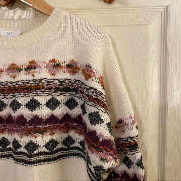 Time and Tru Women's Sweater - Cream with Multicolor Pattern - Picture 3 of 7